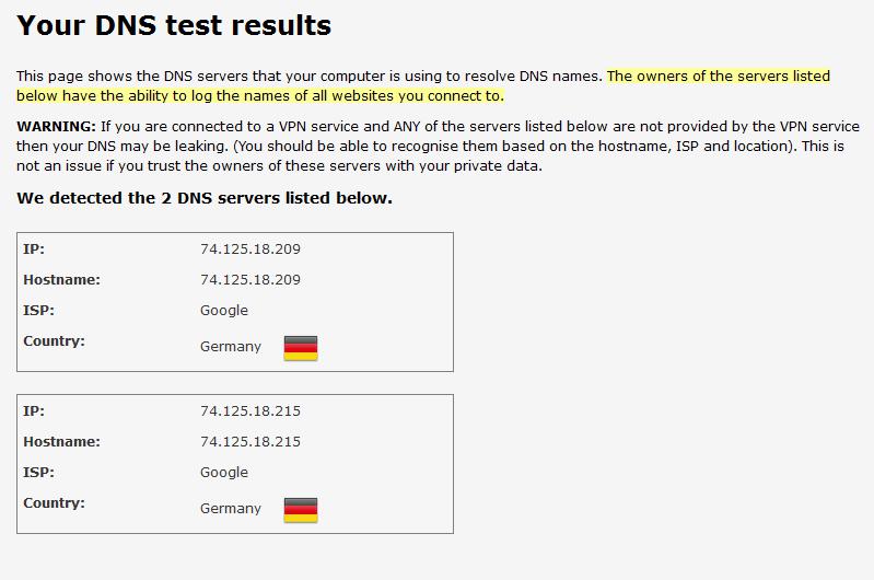 Cactus VPN DNS test results
